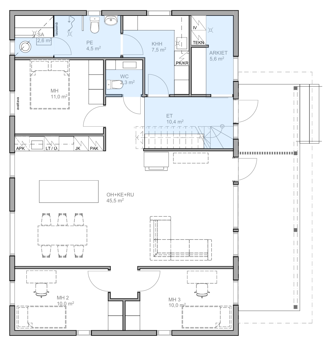Yksikerroksisen hirsitalon pohjaratkaisu